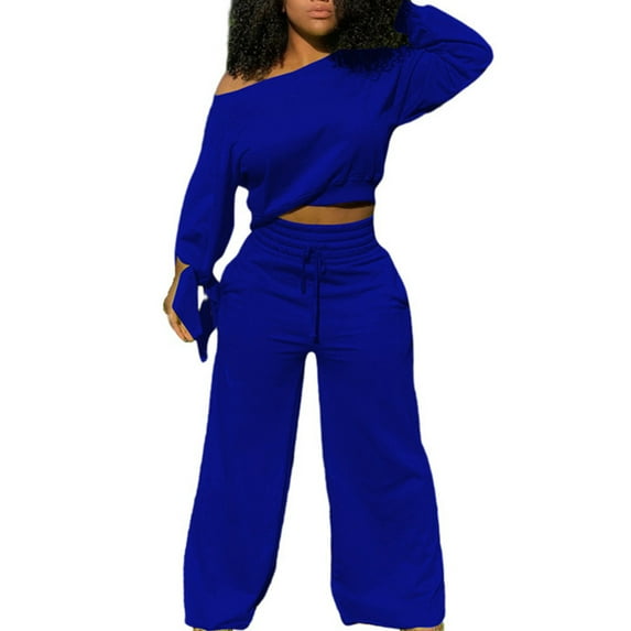 RYRJJ Casual 2 Piece Outfits for Women Off One Shoulder Long Sleeve Sweatsuit Jogging Long Pants Sets Tracksuit with Pockets(Dark Blue,L)