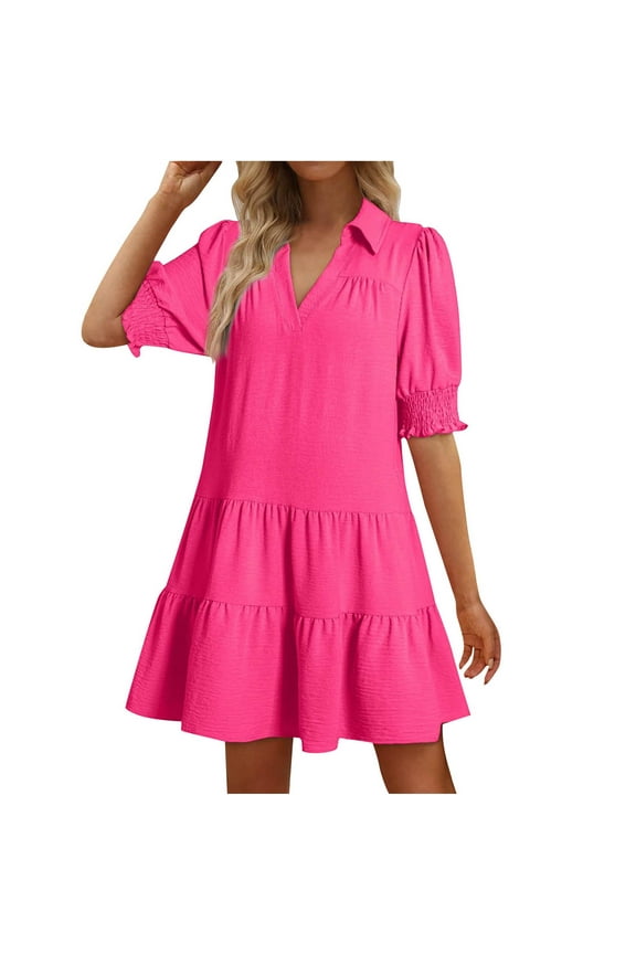 Casual Dresses for Women Lapel Collared V Neck Puff Short Sleeved Pleated Summer Dresses Ruffle Tiered Flowy Midi Dresses(Hot Pink,L)