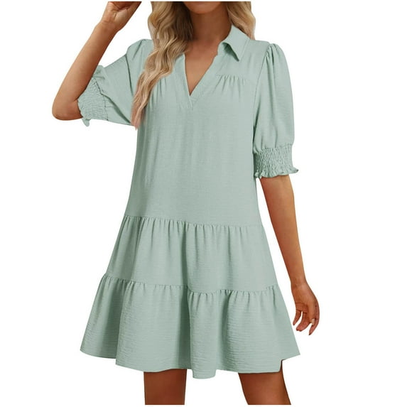 RYRJJ Casual Dresses for Women Lapel Collared V Neck Puff Short Sleeved Pleated Summer Dresses Ruffle Tiered Flowy Midi Dresses(Mint Green,XL)