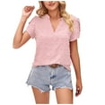 thumbnail image 1 of RYRJJ Chiffon Blouses for Women Dressy Casual Petal Short Sleeve Summer Notch V-Neck Tops Swiss Dot Business Work Shirts Pink XL, 1 of 5
