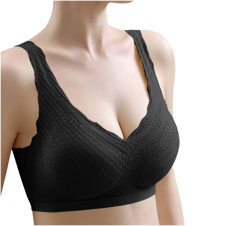 RYRJJ Clearance Bras for Women No Underwire Padded Wireless Bra Mesh Lace  Seamless Comfortable Lift V-Neck Bralettes with Support(Black,M)