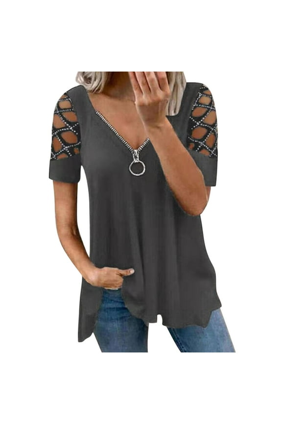 Plus Size Cold Shoulder Tops Shirt for Women Cut Out Rhinestone Tshirt Casual Summer Zip V Neck Short Sleeve Tunic Blouse(Gray,XXL)