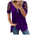thumbnail image 1 of RYRJJ On Clearance Plus Size Cold Shoulder Tops Shirt for Women Cut Out Rhinestone Tshirt Casual Summer Zip V Neck Short Sleeve Tunic Blouse(Purple,M), 1 of 7