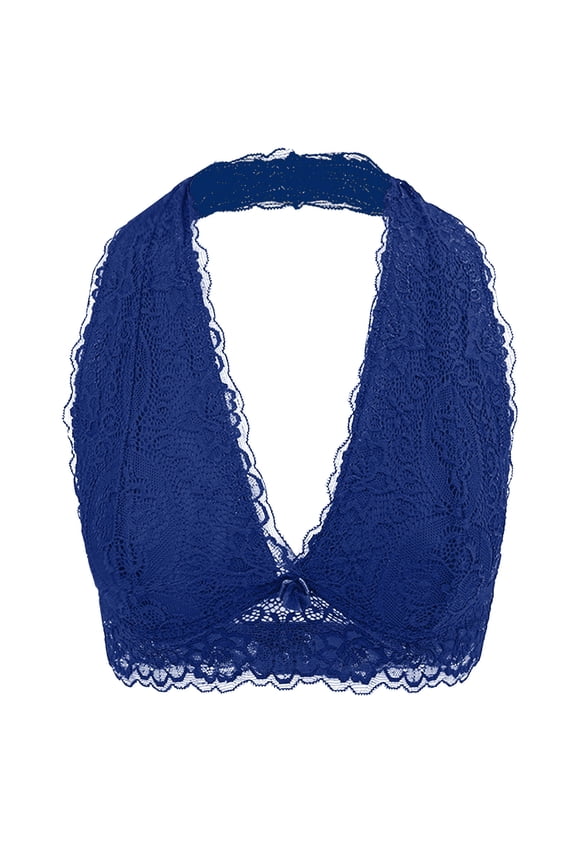 Women Floral Lace Halter Bra Bralette Top Hook and Eye Closure Back Unpadded Wirefree Comfort Yoga Bustier Bras(Blue,S)