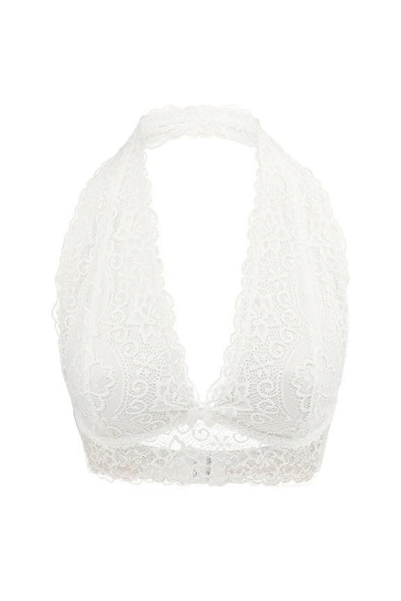 Women Floral Lace Halter Bra Bralette Top Hook and Eye Closure Back Unpadded Wirefree Comfort Yoga Bustier Bras(White,S)