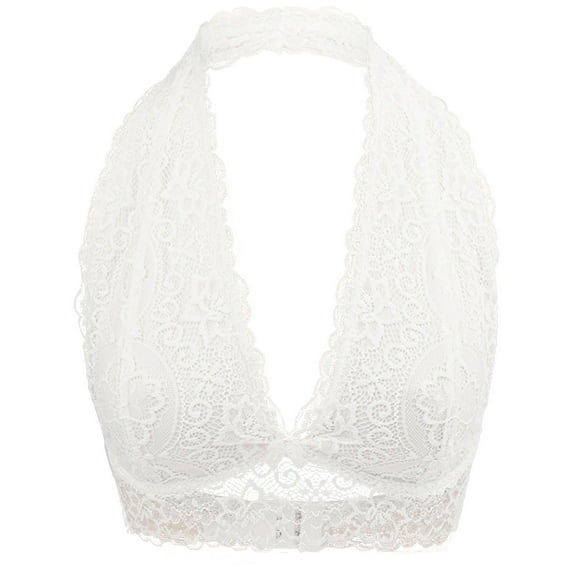 RYRJJ Women Floral Lace Halter Bra Bralette Top Hook and Eye Closure Back Unpadded Wirefree Comfort Yoga Bustier Bras(White,S)