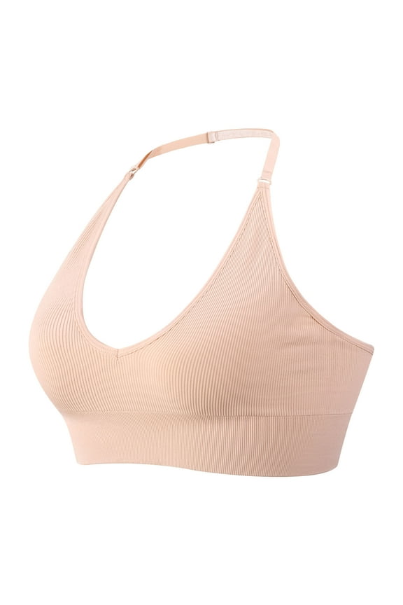 Women Halter Bra Top Yoga Bralette Crop Tanks Workout Sports Bras V Neck with Adjustable Spaghetti Strap Seamless Padded T Shirt Bra(Beige,L)