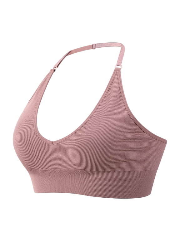 Women Halter Bra Top Yoga Bralette Crop Tanks Workout Sports Bras V Neck with Adjustable Spaghetti Strap Seamless Padded T Shirt Bra(Brown,L)