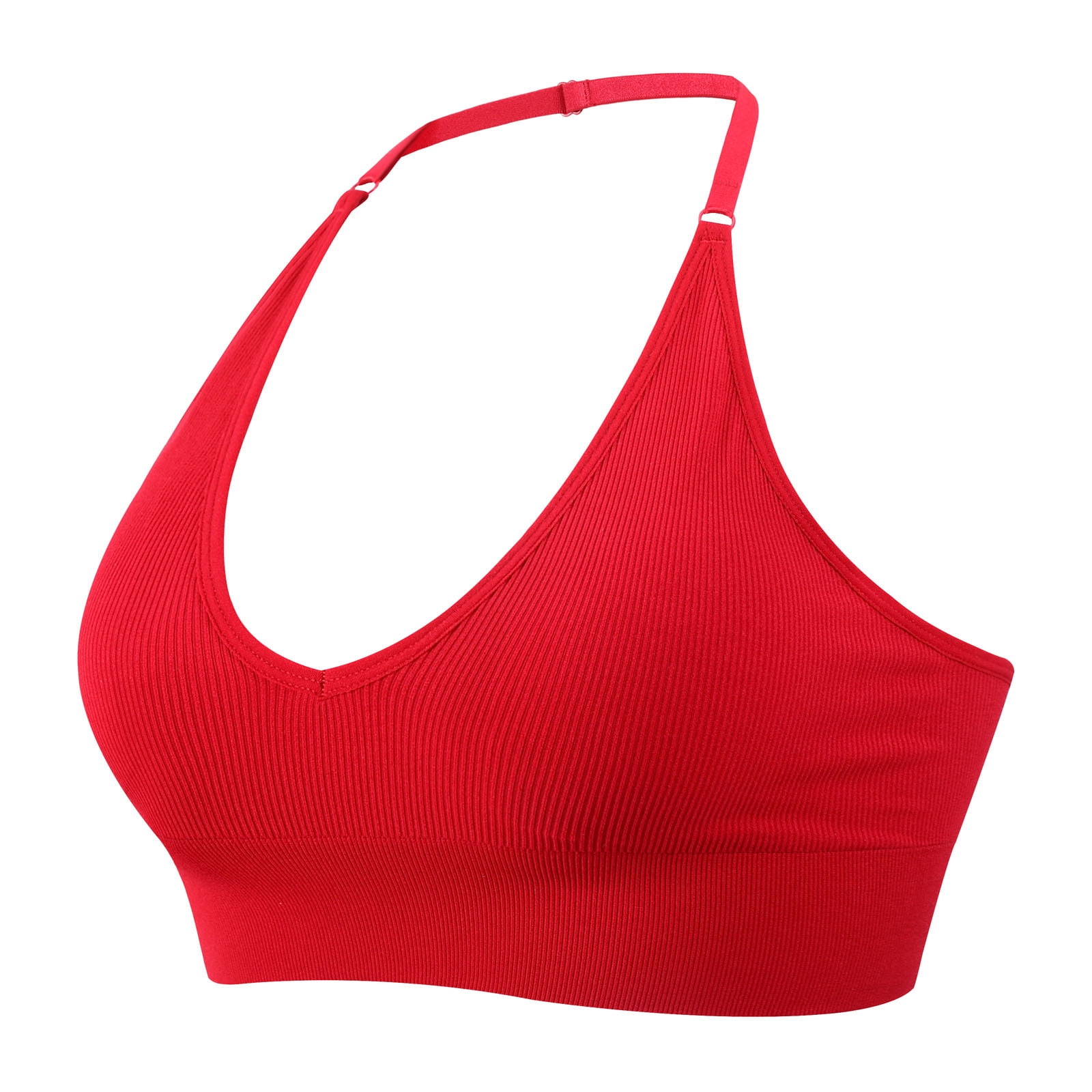 RYRJJ Clearance Women Halter Bra Top Yoga Bralette Crop Tanks Workout Sports  Bras V Neck with Adjustable Spaghetti Strap Seamless Padded T Shirt Bra(Red,M)  