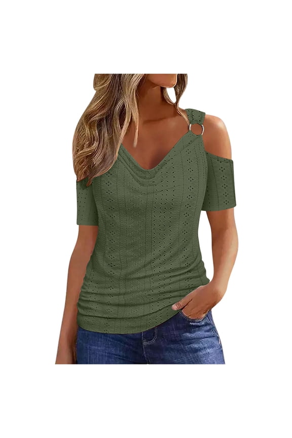 Clod Sholuder Tops for Women Summer Hollow Out Eyelet Short Sleeve T Shirts V-Neck Dressy Casual Blouses Ladies Tunic(Army Green,S)