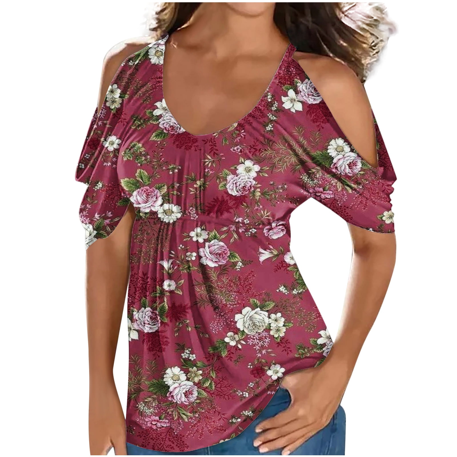 RYRJJ Cold Shoulder Tops for Women Casual Loose Boho Pleated Plus Size Tops Summer Short Sleeve Floral Print Flowy T Shirts Wine 4XL Walmart