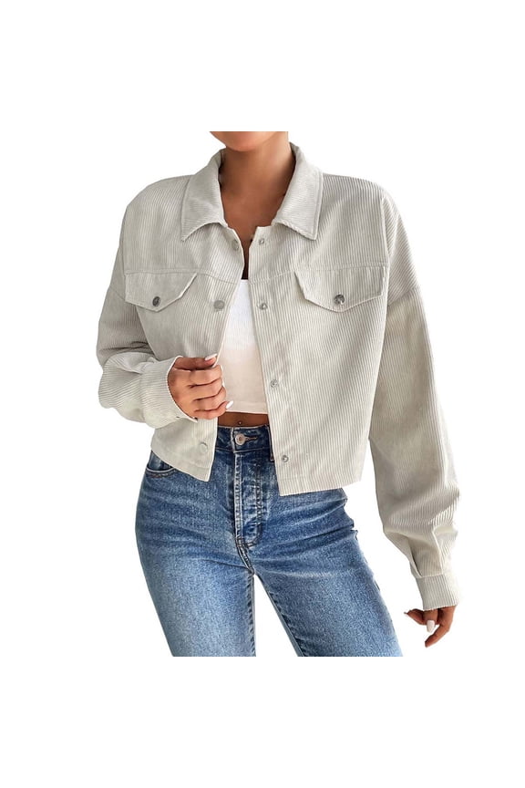 Corduroy Jackets for Women Cropped Shacket Jacket Fashion Button Down Shirt Fall Short Coats Tops(Beige,XL)