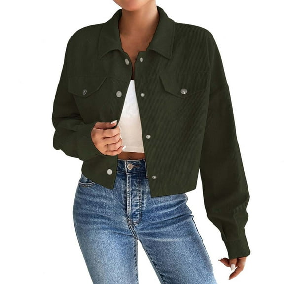 RYRJJ Corduroy Jackets for Women Cropped Shacket Jacket Fashion Button Down Shirt Fall Short Coats Tops(Green,S)
