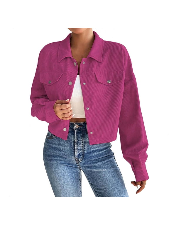 Corduroy Jackets for Women Cropped Shacket Jacket Fashion Button Down Shirt Fall Short Coats Tops(Hot Pink,XL)