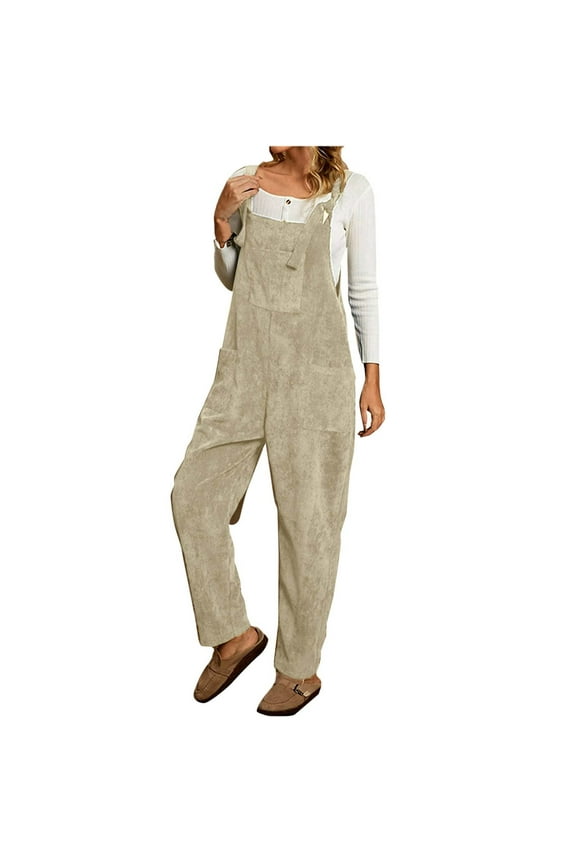 Corduroy Overalls for Women Barrel Wide Leg Bib Corduroy Pants Women Sleeveless Adjustable Strap Romper Jumpsuit with Pockets(Beige,XL)