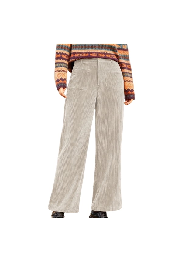 Corduroy Pants Women Elastic High Waisted Wide Leg Business Pants Trendy Patch Pocket Fall Winter Dressy Casual Trousers(Beige,XXL)
