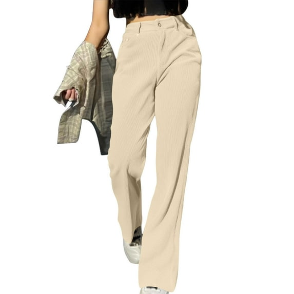 RYRJJ Corduroy Pants for Women Straight Wide Leg High Waist Loose Comfy Trousers Business Work Lounge Pants with Pockets(Beige;M)