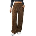 thumbnail image 1 of RYRJJ Corduroy Sweatpants for Women Casual Elastic High Waist Wide Leg Yoga Pants Comfy Baggy Lounge Trousers with Pockets(Brown,XL), 1 of 8