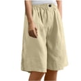 thumbnail image 1 of RYRJJ Cotton Linen Bermuda Shorts for Women Summer Casual Knee Lenght Shorts Button Elastic Waist Wide Leg Short with Pockets(Beige,M), 1 of 6