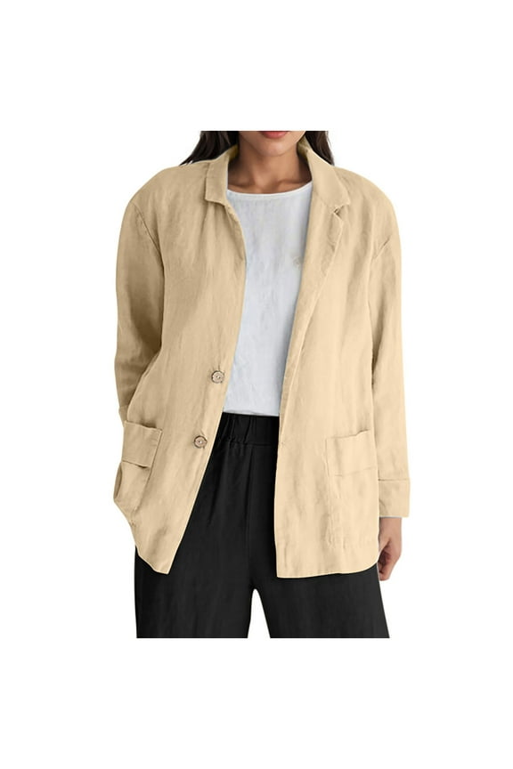Cotton Linen Blazer for Women Spring Summer Long Sleeve Lightweight Business Casual Jackets Work Blazers with Pockets(Khaki,L)