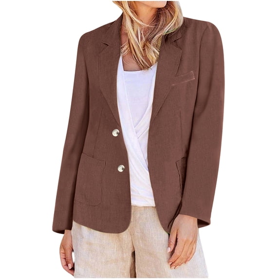 RYRJJ Cotton Linen Blazers for Women Lightweight Long Sleeve Notch Lapel Button Down Suit Jacket Casual Work Blazer with Pockets(Coffee,L)