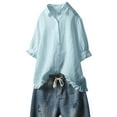 thumbnail image 1 of RYRJJ Cotton Linen Button Down Shirts for Women Plus Size Oversized Ruffle 3/4 Sleeve Collared High Low Blouse Tops Summer Fashion Clothes Blue L, 1 of 6