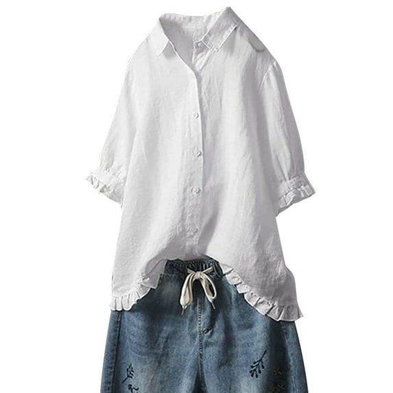 RYRJJ Cotton Linen Button Down Shirts for Women Plus Size Oversized Ruffle 3/4 Sleeve Collared High Low Blouse Tops Summer Fashion Clothes White M