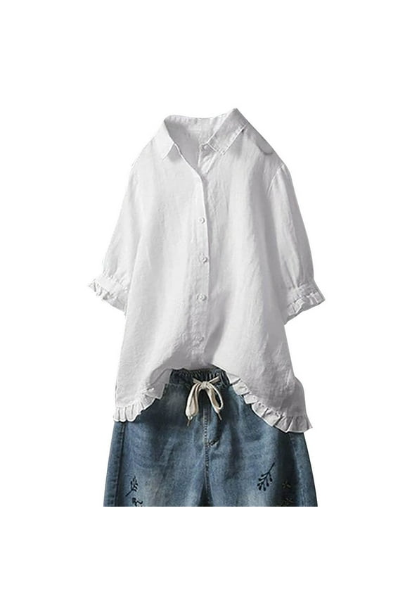 Cotton Linen Button Down Shirts for Women Plus Size Oversized Ruffle 3/4 Sleeve Collared High Low Blouse Tops Summer Fashion Clothes White XXL
