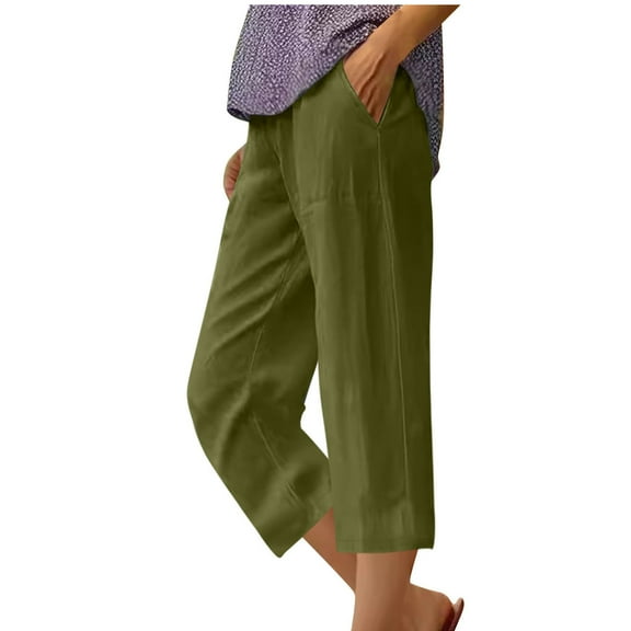 RYRJJ Cotton Linen Capri Pants for Women Wide Leg Cropped Lounge Trousers Elastic High Waist Summer Beach Cropped Pant with Pockets(Army Green;3XL)