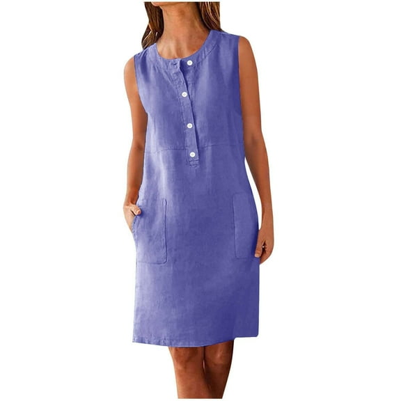 RYRJJ Cotton Linen Dress for Women Button Shirt Dress Sleeveless Round Neck Dressy Casual Mini Dresses with Pockets(Navy,M)