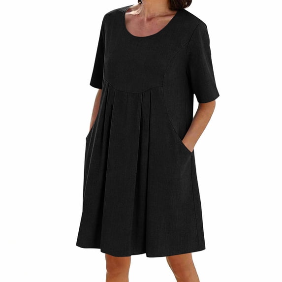RYRJJ Cotton Linen Dress for Women Crewneck Short Sleeve Flowy Summer Dresses Casual Loose Knee-Length Beach Dress with Pockets(Black,S)