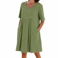 thumbnail image 1 of RYRJJ Cotton Linen Dress for Women Crewneck Short Sleeve Flowy Summer Dresses Casual Loose Knee-Length Beach Dress with Pockets(Green,L), 1 of 8