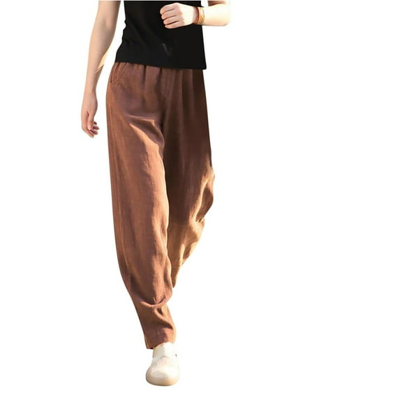 RYRJJ Cotton Linen Harem Pants for Women Elastic High Waisted Baggy Lounge Trousers Solid Wide Leg Pants with Pockets(Brown,XL)