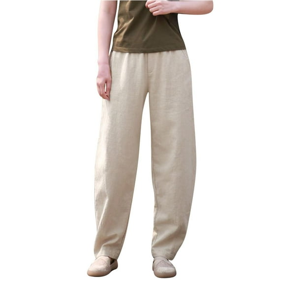 RYRJJ Cotton Linen Harem Pants for Women Elastic High Waisted Baggy Lounge Trousers Solid Wide Leg Pants with Pockets(Khaki,L)
