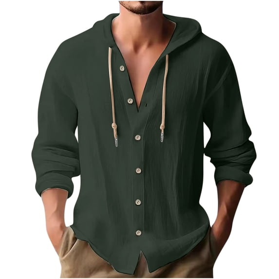 RYRJJ Cotton Linen Hoodie for Men Drawstring Hooded Button Down Beach Hippie Shirts Lightweight Soft Long Sleeve Guayabera Shirt Tops(Dark Green,5XL)