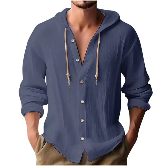 RYRJJ Cotton Linen Hoodie for Men Drawstring Hooded Button Down Beach Hippie Shirts Lightweight Soft Long Sleeve Guayabera Shirt Tops(Navy,5XL)