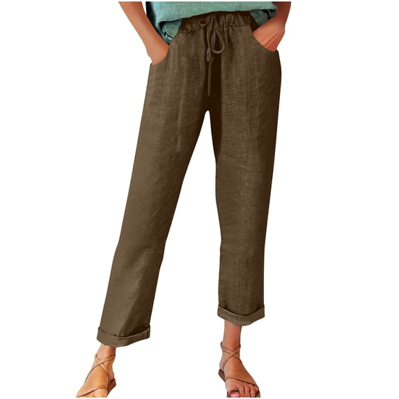 RYRJJ Cotton Linen Pants for Women High Waisted Wide Leg Trousers Summer Trendy Lightweight Drawstring Beach Pants with Pockets(Brown,XL)