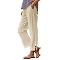 thumbnail image 1 of RYRJJ Cotton Linen Pants for Women Plus Size High Waist Elastic Lounge Trousers Casual Lightweight Side Split Button Summer Beach Pants(Beige;S), 1 of 6