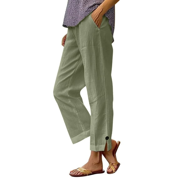 RYRJJ Cotton Linen Pants for Women Plus Size High Waist Elastic Lounge Trousers Casual Lightweight Side Split Button Summer Beach Pants(Green;4XL)