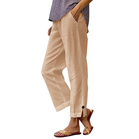 RYRJJ Cotton Linen Pants for Women Plus Size High Waist Elastic Lounge Trousers Casual Lightweight Side Split Button Summer Beach Pants(Khaki;M)