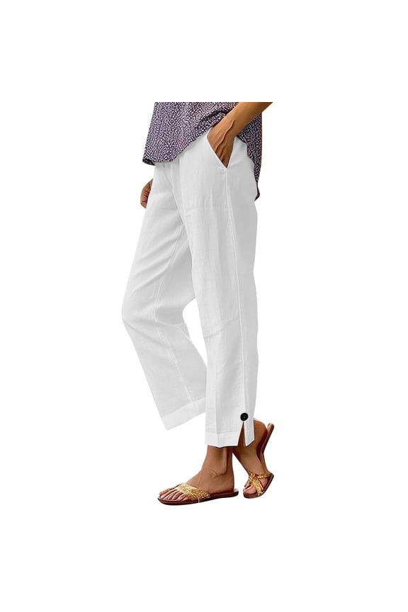 Cotton Linen Pants for Women Plus Size High Waist Elastic Lounge Trousers Casual Lightweight Side Split Button Summer Beach Pants(White;XXL)
