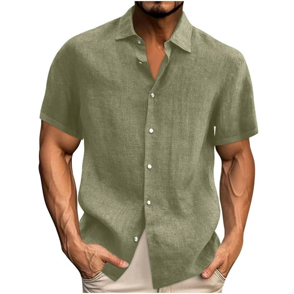 RYRJJ Cotton Linen Shirts for Men Casual Lightweight Short Sleeve Button Down Shirts Summer Vacation Beach Shirt(Army Green,5XL)