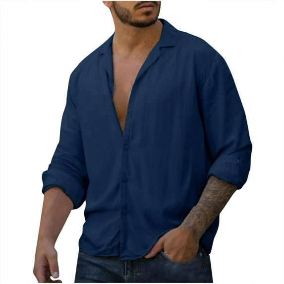 RYRJJ Cotton Linen Shirts for Men Casual Notch Collar Button Down Shirts Long Sleeve Beach Hawaiian Solid Color Shirt Top(Navy,XL)