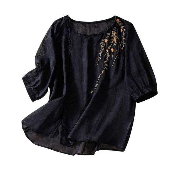 RYRJJ Cotton Linen Shirts for Women Summer Trendy Retro Embroidered 3/4 Sleeve Loose Dressy Casual Tops Boho Cute Blouses(Black,XXL)