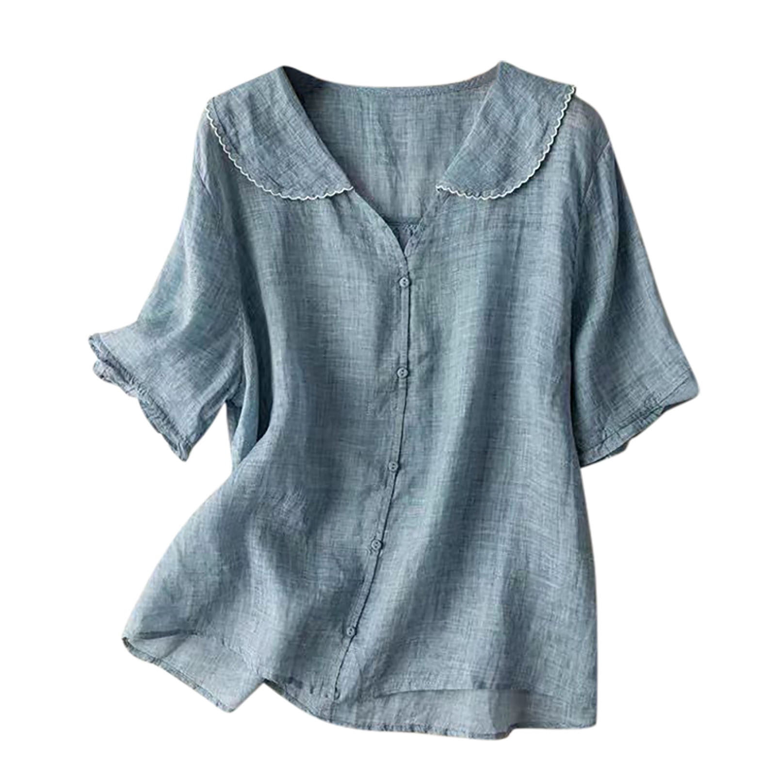 RYRJJ Cotton Linen Shirts for Women Boho Summer Peter Pan Collar Short ...