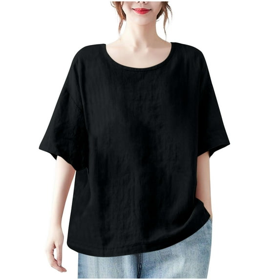 RYRJJ Cotton Linen Shirts for Women Summer Loose Fit Tops Vintage Half Sleeve Crewneck Beach Tee Blouses(Black,3XL)
