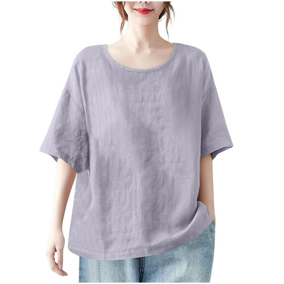 RYRJJ Cotton Linen Shirts for Women Summer Loose Fit Tops Vintage Half Sleeve Crewneck Beach Tee Blouses(Purple,XL)
