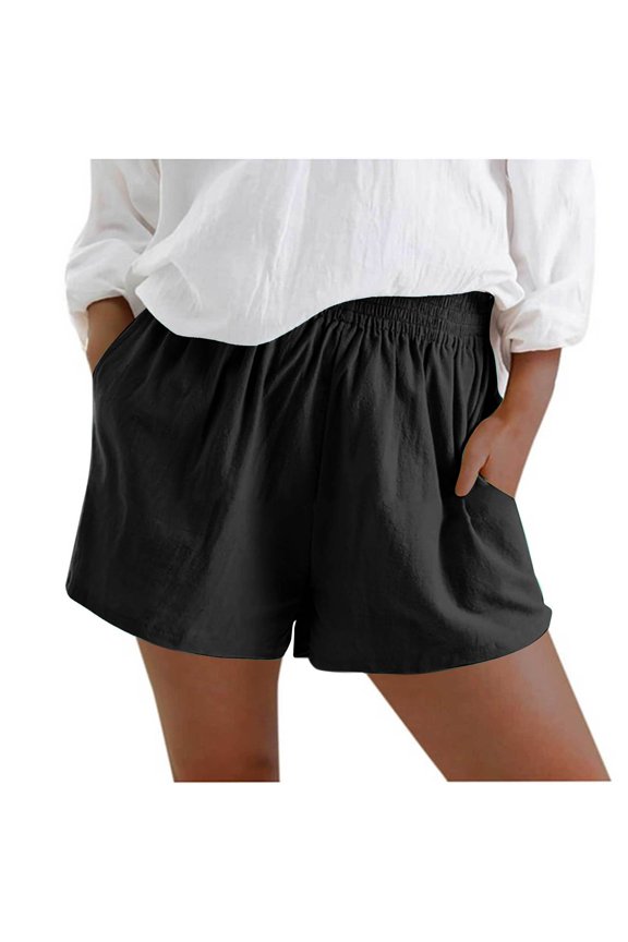 Cotton Linen Shorts for Women Trendy High Waisted Short Casual Summer Pull On Beach Wide Leg Shorts with Pockets(Black,XXL)