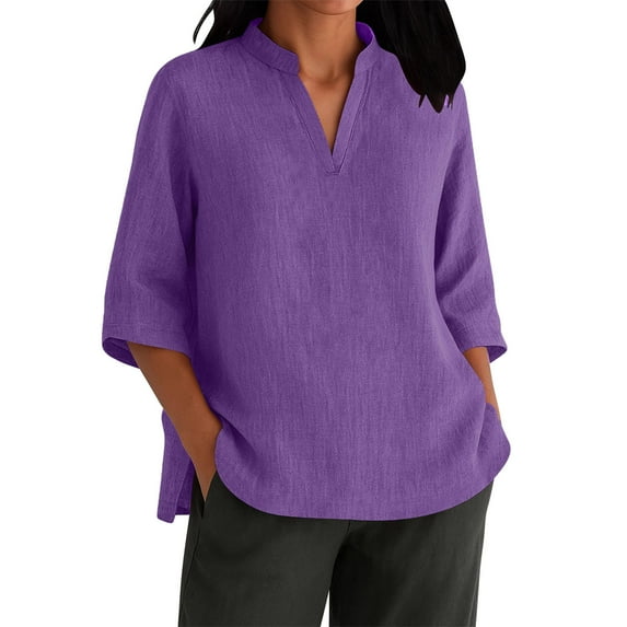 RYRJJ Cotton Linen T Shirt for Women 3/4 Length Sleeve Shirts V-Neck Casual Tunic Tops Basic Side Split Loose Fit Blouse(Purple,S)