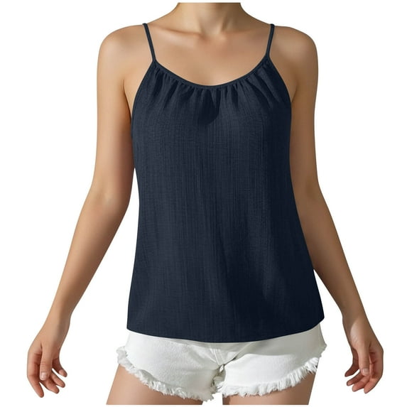 RYRJJ Cotton Linen Tank Tops for Women Summer Sleeveless Spaghetti Strap Camisole Dressy Casual Loose Fit Tunic Tees Shirts(Navy,L)